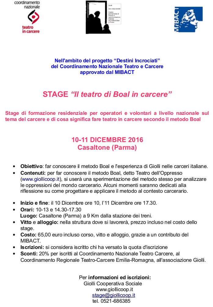 Stage “Il teatro di Boal in carcere” 10 e 11 Dicembre 2016 Casaltone (PR)