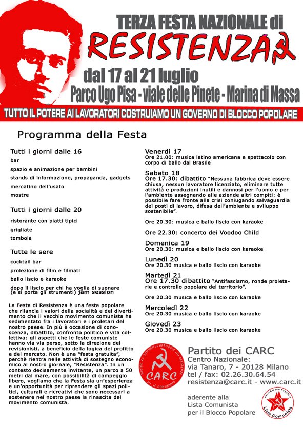 CARC 3° Festa Nazionale di Resistenza, Massa Carrara dal 17 al 26 Luglio 2009