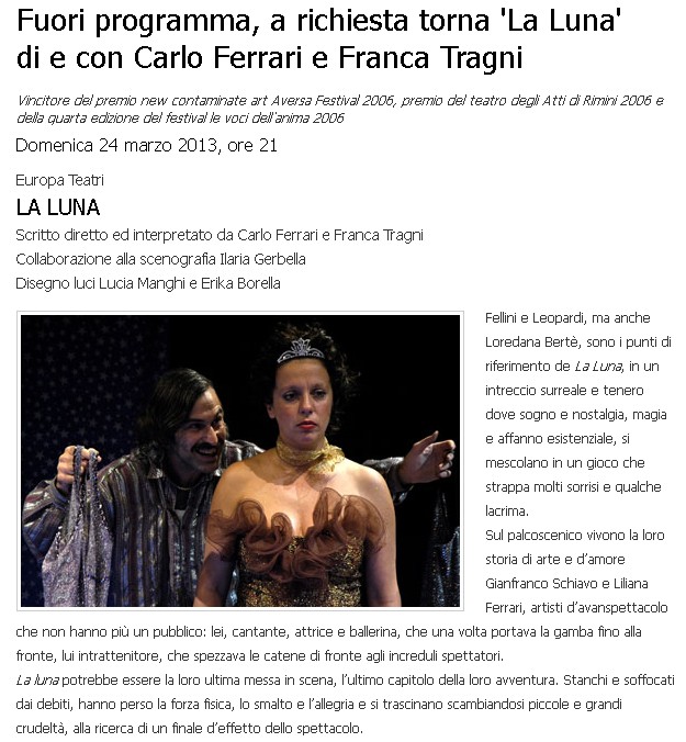 Domenica 24 marzo non perderti 'La Luna' con Carlo Ferrari e Franca Tragni