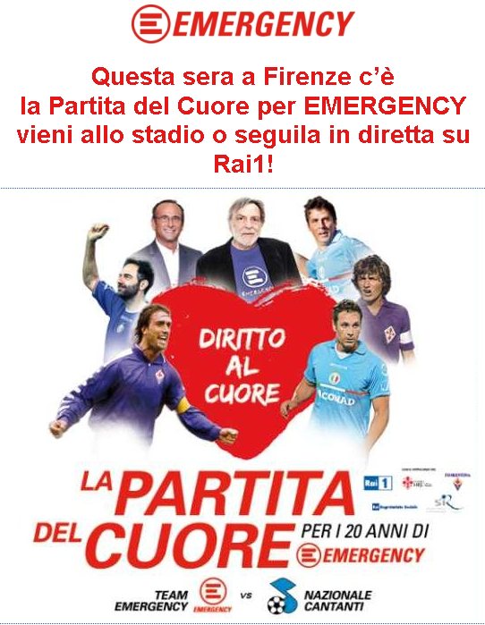 Questa sera a Firenze c’è la Partita del Cuore per EMERGENCY vieni allo stadio o seguila in diretta su Rai1!