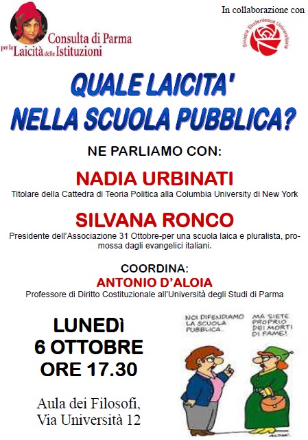 Un incontro pubblico con  Nadia Urbinati e Silvana Ronco sul tema  “QUALE LAICITA’ NELLA SCUOLA PUBBLICA ?”