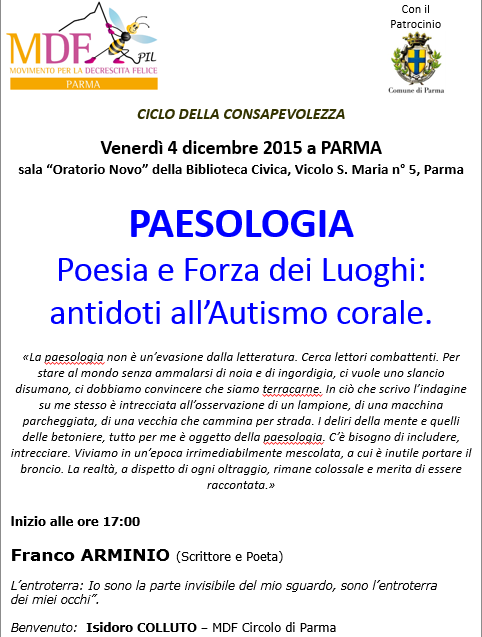 PAESOLOGIA – con il poeta e scrittore FRANCO ARMINIOcon Franco ARMINIO - 4 Dicembre a Parma - MDF