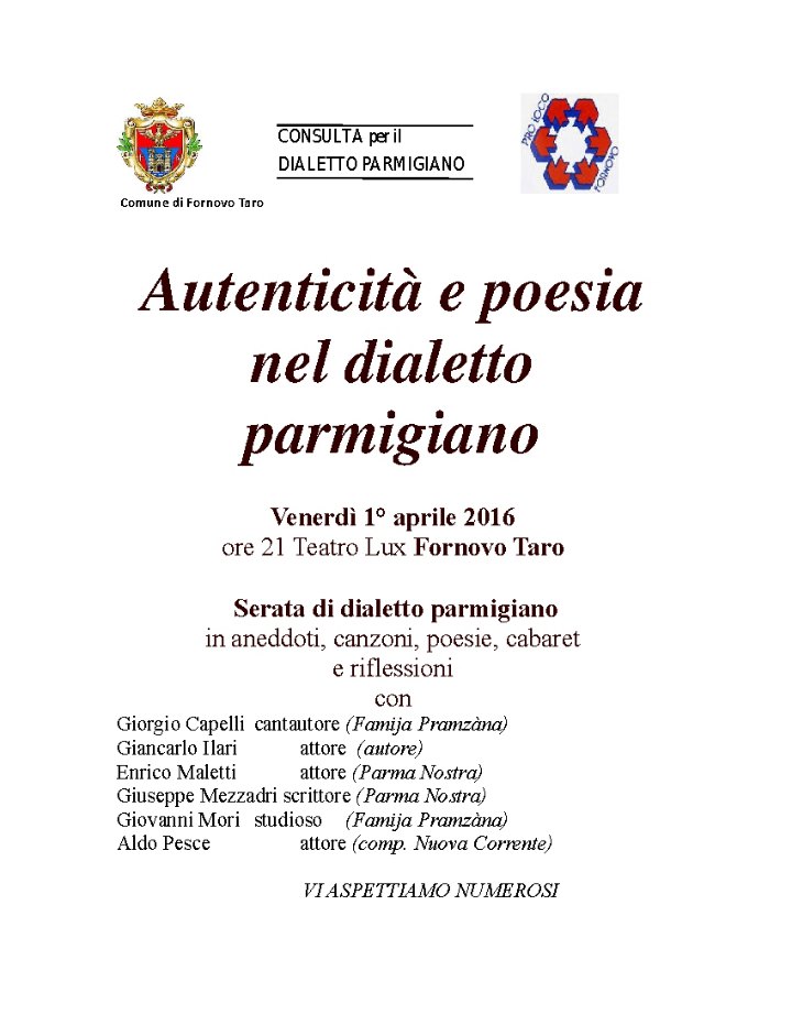 Serata dialettale Parmigiana al Teatro Lux di Fornovo venerdi 1 aprile ore 21,15