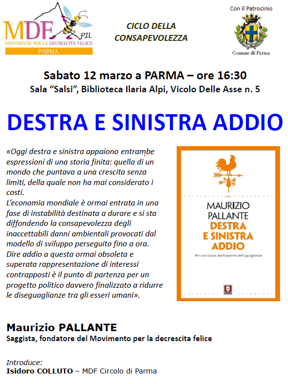 Locandina - Maurizio PALLANTE con DESTRA E SINISTRA ADDIO - 12 Marzo  a Parma - MDF