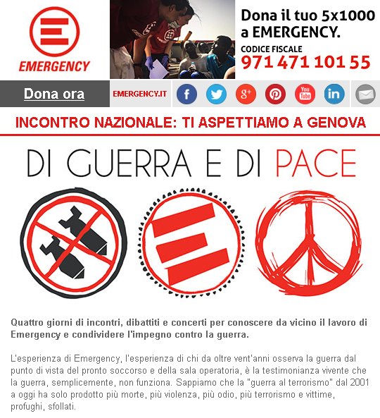 Quattro giorni di incontri, dibattiti e concerti per conoscere da vicino il lavoro di Emergency e condividere l'impegno contro la guerra. Ti aspettiamo il 30 giugno e l'1-2-3 luglio a Genova.