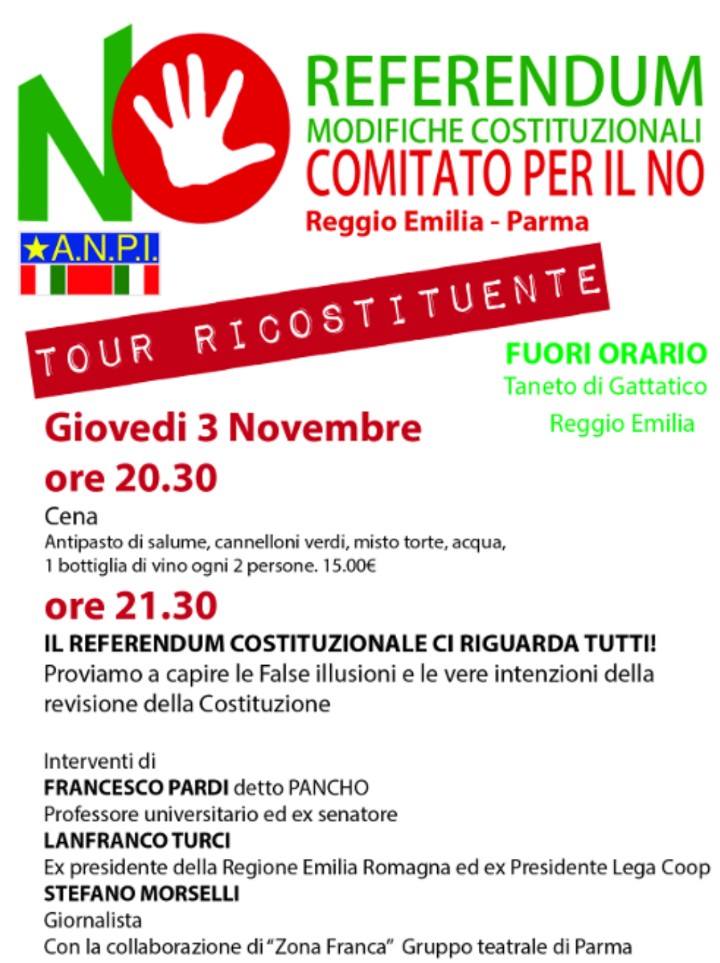 al Circolo Fuori Orario a Taneto di Gattatico serata dedicata alla riforma costituzionale, organizzata dai Comitati per il NO di Parma e Reggio Emilia